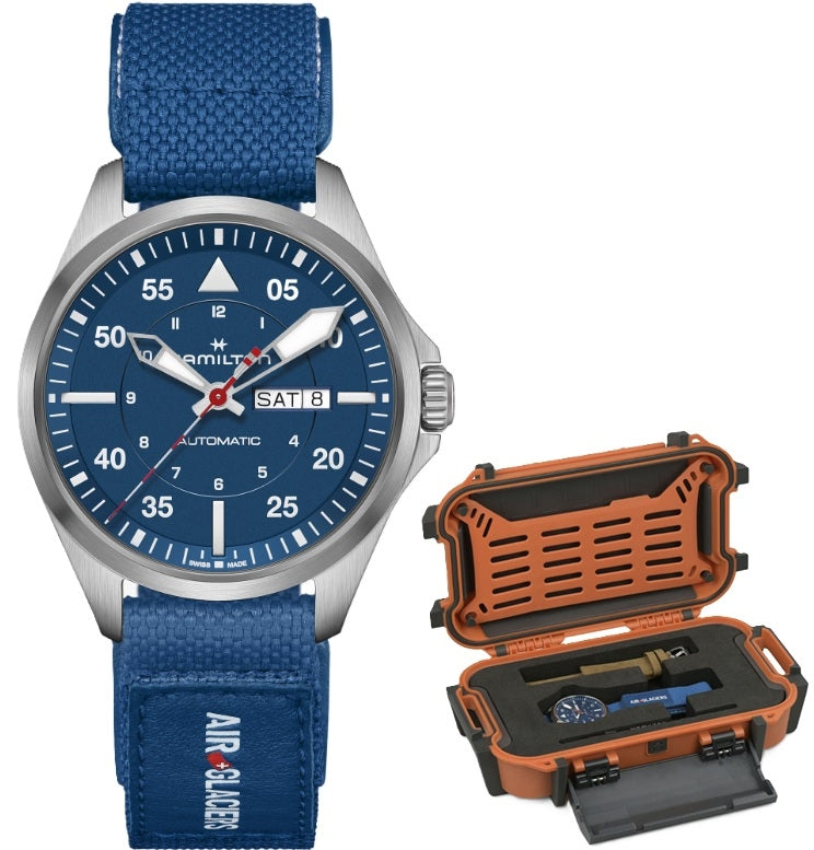 HAMILTON modelis KHAKI AVIATION PILOT DAY DATE AUTO - AIR-GLACIERS Special Edition + Extra Strap
