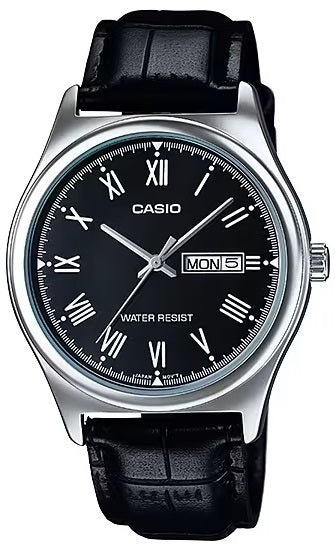 CASIO COLLECTION modelis DAY DATE, ROMAN INDEXES. LEATHER - BLACK