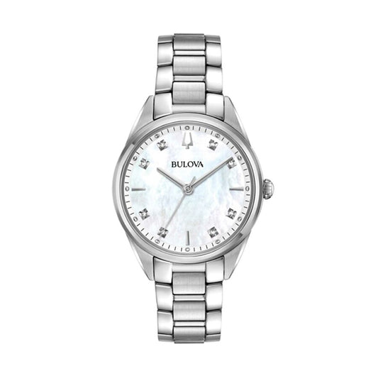 BULOVA roostevabast terasest CLASSIC SUTTON pärlmutrist sihverplaadi ja teemantidega naiste käekell 96P199