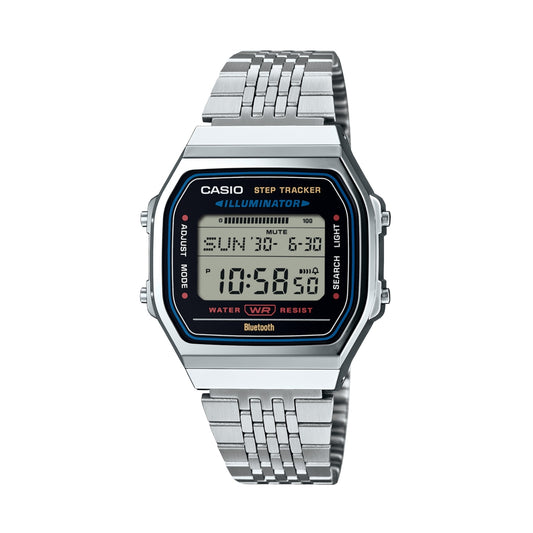 CASIO VINTAGE modelis SILVER -BLUETOOTH® SMARTPHONE LINK w. built-in accelerometer senses body movements + steps counter
