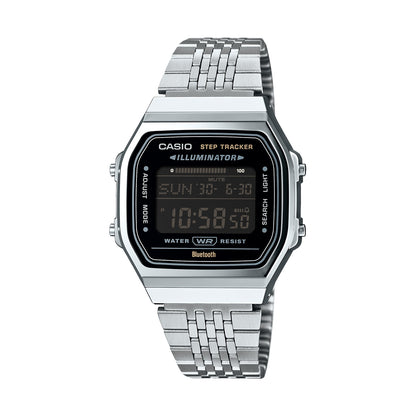 CASIO VINTAGE modelis BLUETOOTH® SMARTPHONE LINK - STEEL - built-in accelerometer senses body movements + steps counter - ALL BLACK