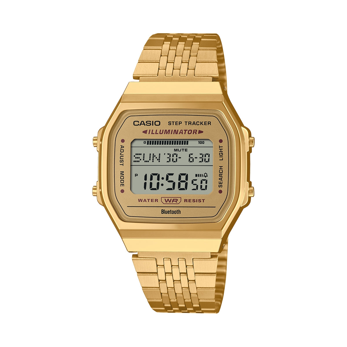 CASIO VINTAGE modelis BLUETOOTH® SMARTPHONE LINK - GOLD - built-in accelerometer senses body movements + steps counter