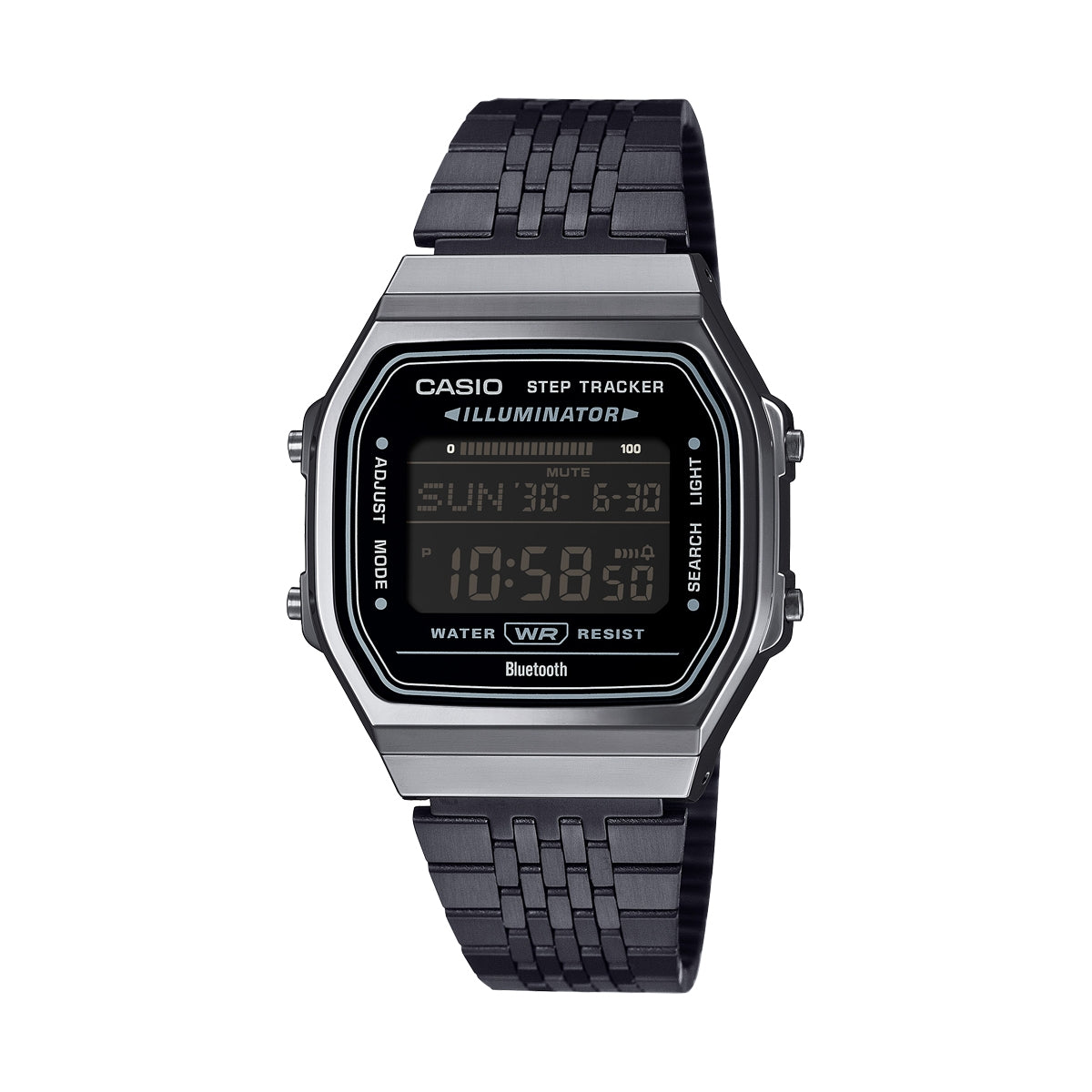 CASIO VINTAGE modelis BLUETOOTH® SMARTPHONE LINK - BLACK - built-in accelerometer senses body movements + steps counter - ALL BLACK