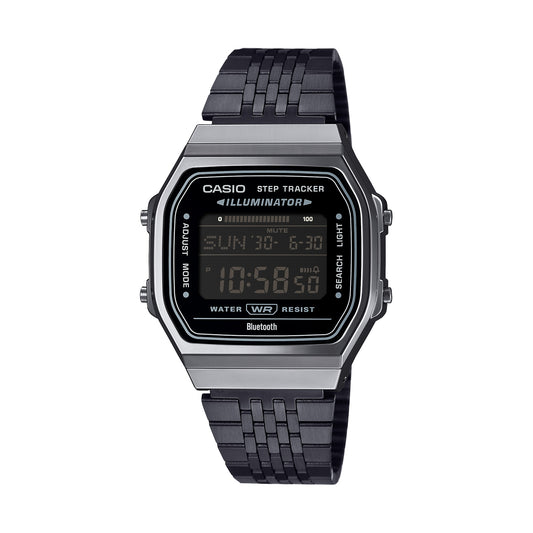 CASIO VINTAGE modelis BLUETOOTH® SMARTPHONE LINK - BLACK - built-in accelerometer senses body movements + steps counter - ALL BLACK
