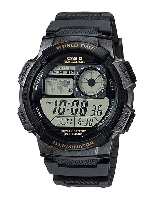 CASIO SPORT DIVER - WORLD TIME ILLUMINATOR 5 MODINĀTĀJI, 10 GADU AKUMULATORS - MELNS AE-1000W-1AVDF