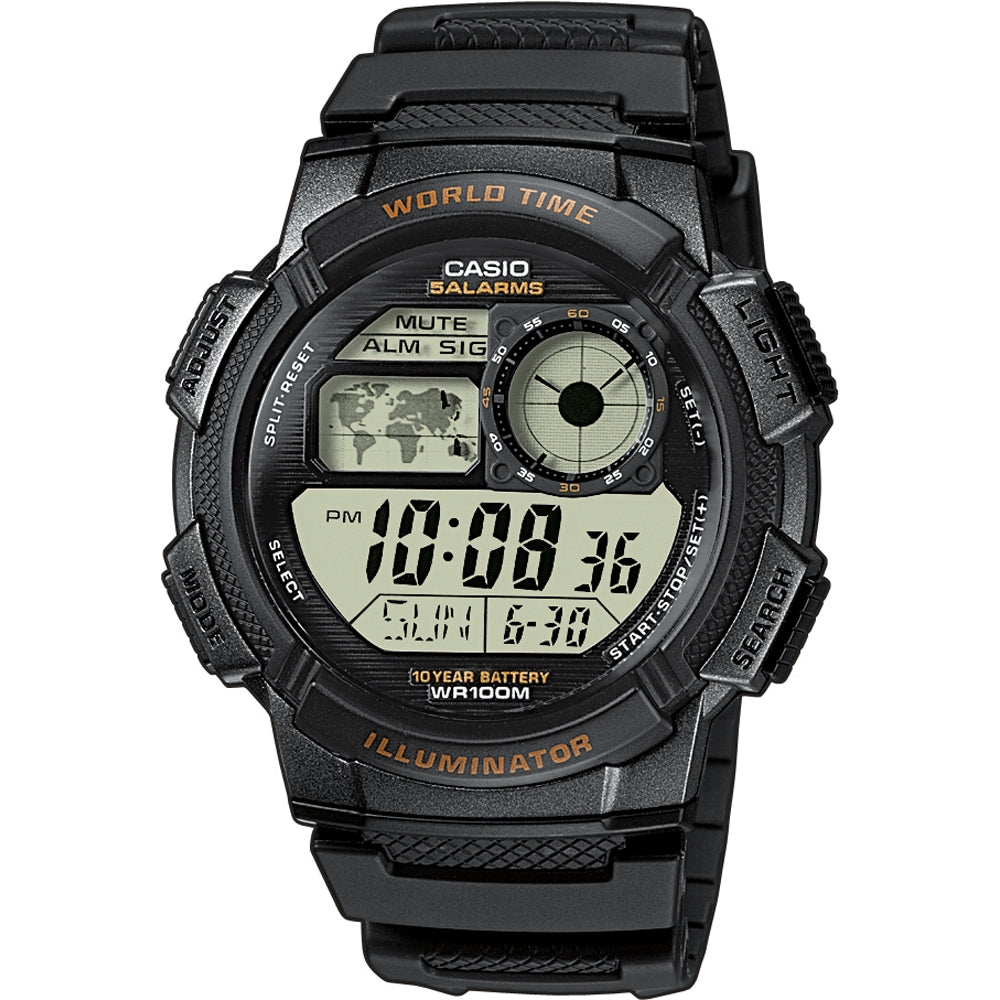 CASIO SPORT modelis DIVER - WORLD TIME ILLUMINATOR 5 ALARMS. 10 YEARS BATTERY - BLACK