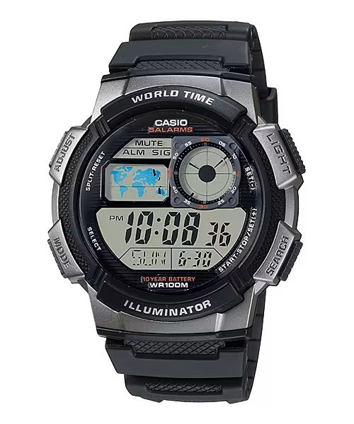 CASIO SPORT modelis DIVER - WORLD TIME ILLUMINATOR 5 ALARMS. 10 YEARS BATTERY - GREY