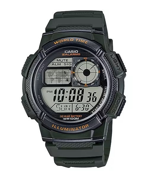CASIO SPORT modelis DIVER - WORLD TIME ILLUMINATOR 5 ALARMS. 10 YEARS BATTERY - ARMY GREEN