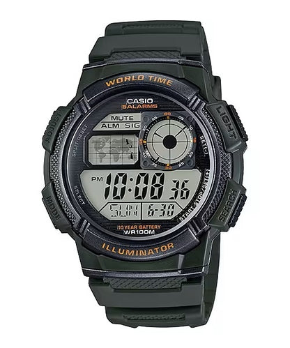 CASIO SPORT DIVER - WORLD TIME ILLUMINATOR 5 ALARMS, 10 YEARS BATTERY - ARMY GREEN AE-1000W-3AVDF