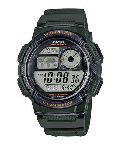 CASIO SPORT DIVER - WORLD TIME ILLUMINATOR 5 ALARMS, 10 YEARS BATTERY - ARMY GREEN AE-1000W-3AVDF