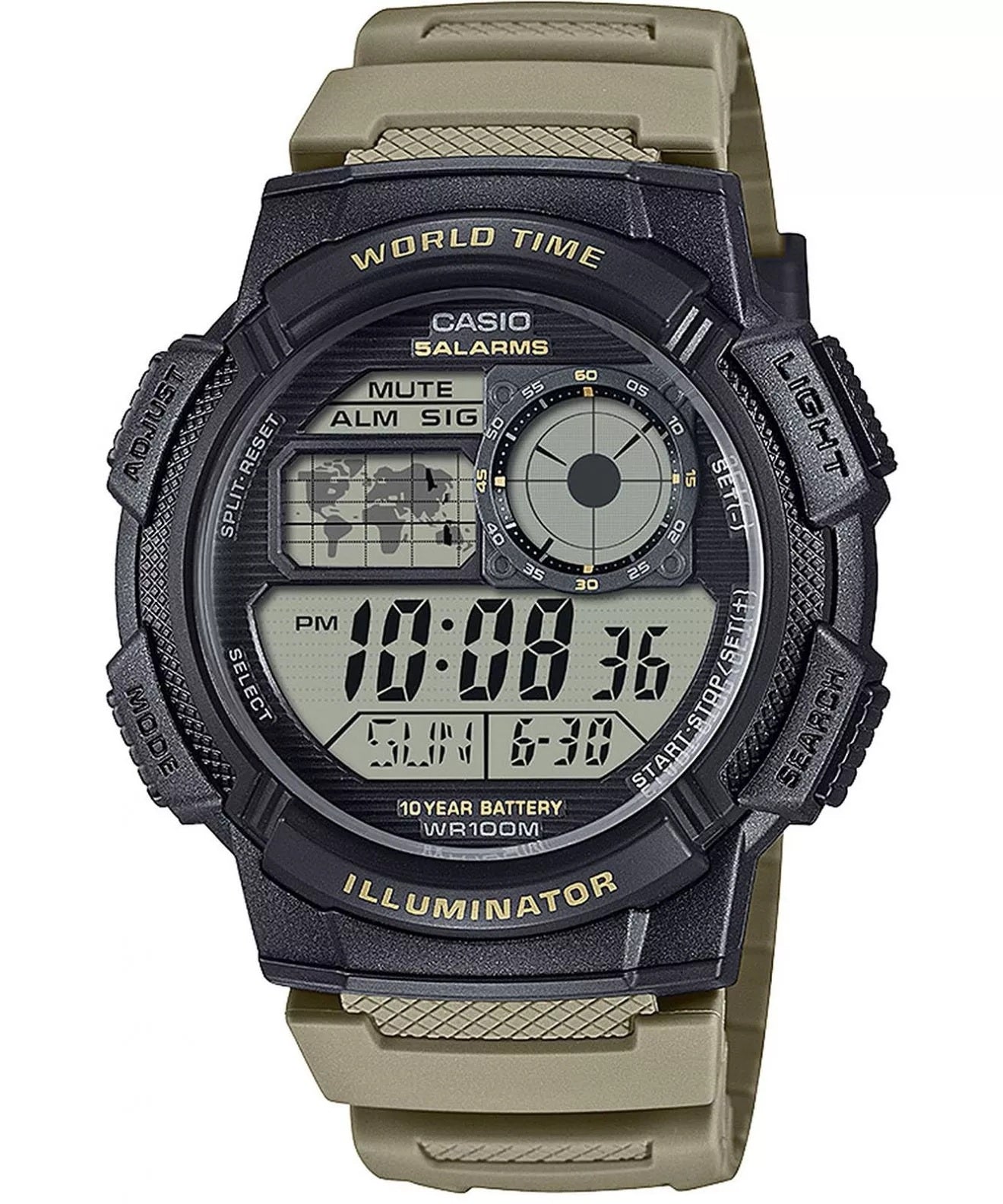 CASIO SPORT modelis DIVER - WORLD TIME ILLUMINATOR 5 ALARMS. 10 YEARS BATTERY