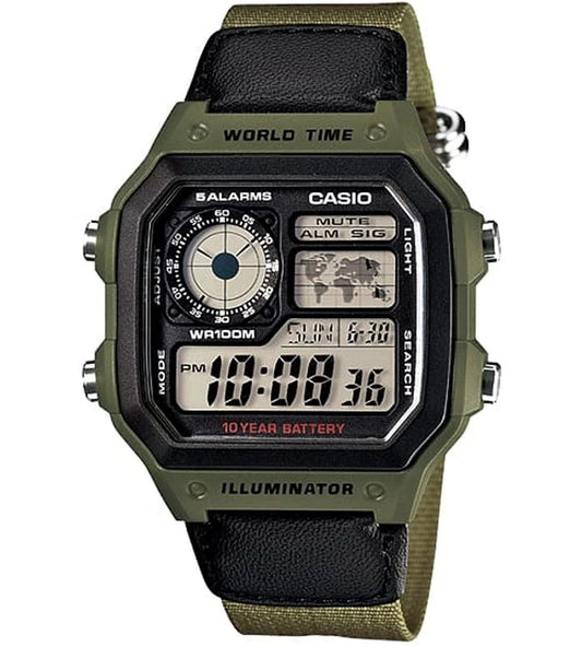 CASIO SPORT modelis DIVER - WORLD TIME ILLUMINATOR 5 ALARMS - FUTURE CLASSIC COLLECTION - KAKHI GREEN