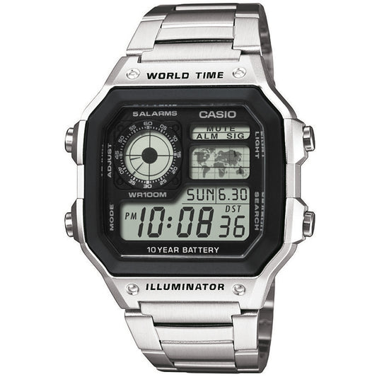 CASIO SPORT WORLD TIME ILLUMINATOR 5 ALARMS - FUTURE CLASSIC COLLECTION - BLACK STEEL AE-1200WHD-1AVEF