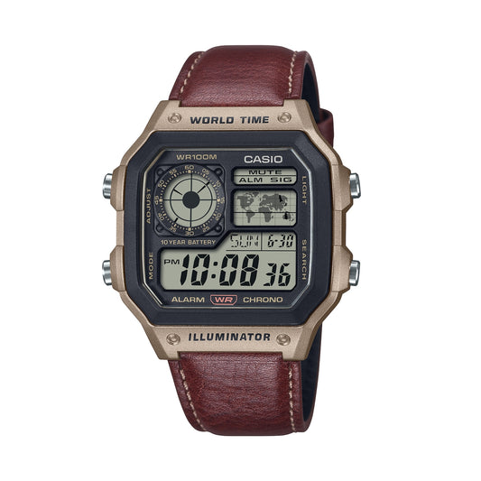 CASIO SPORT WORLD TIME ILLUMINATOR 5 ALARMS - FUTURE CLASSIC COLLECTION - LEATHER BROWN AE-1200WHL-5AVEF