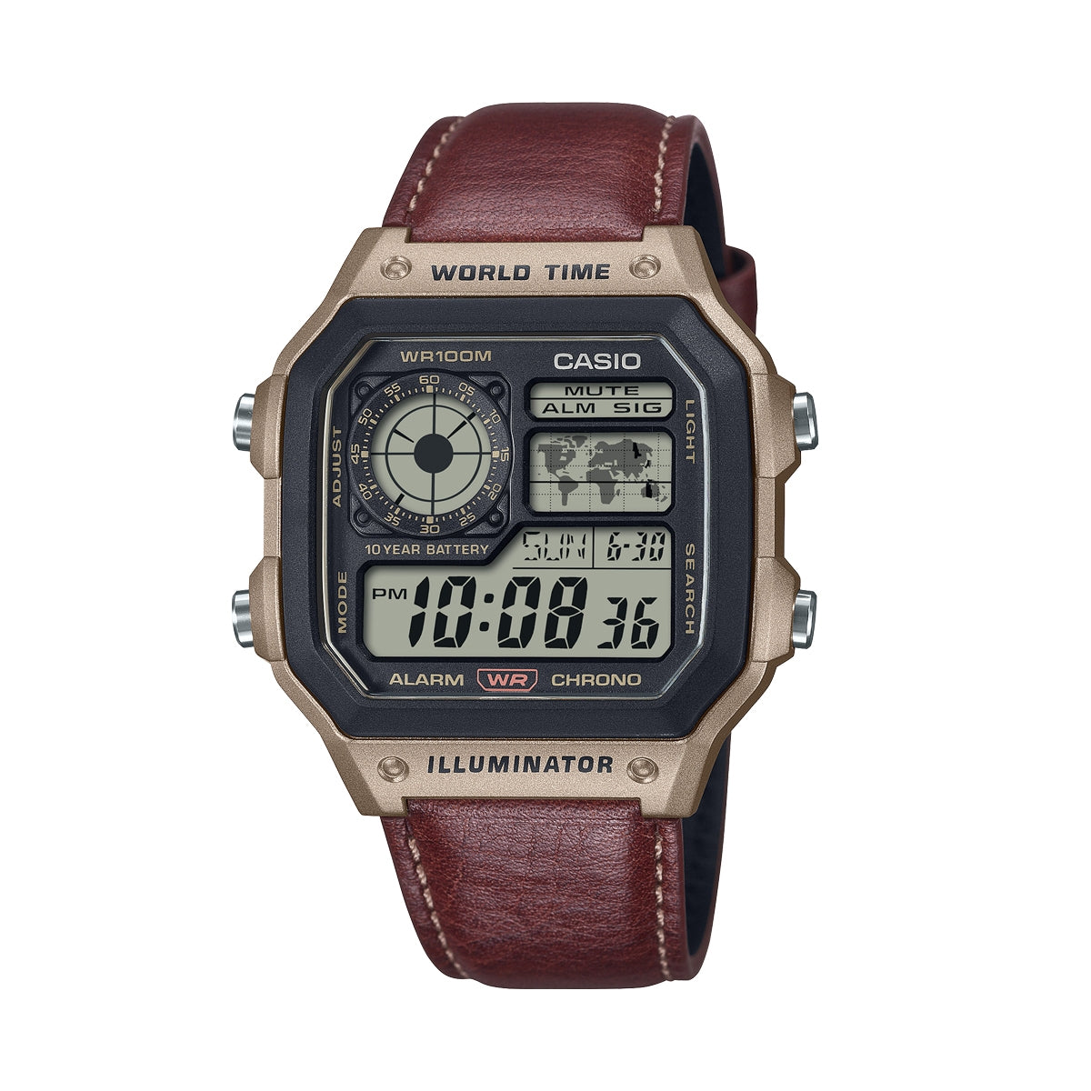 CASIO SPORT modelis WORLD TIME ILLUMINATOR 5 ALARMS - FUTURE CLASSIC COLLECTION - LEATHER BROWN