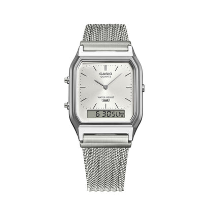 CASIO VINTAGE EDGY COLLECTION SUNRAY DIAL - MESH STRAP, SILVER AQ-230EM-7AEF