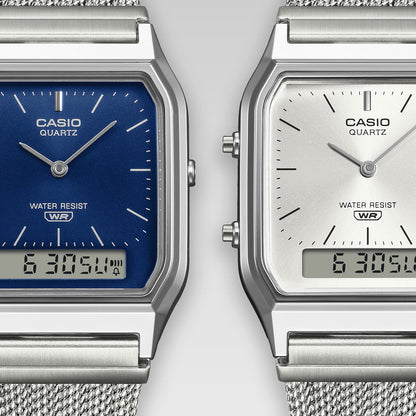 CASIO VINTAGE EDGY COLLECTION SUNRAY DIAL - MESH STRAP, SILVER AQ-230EM-7AEF