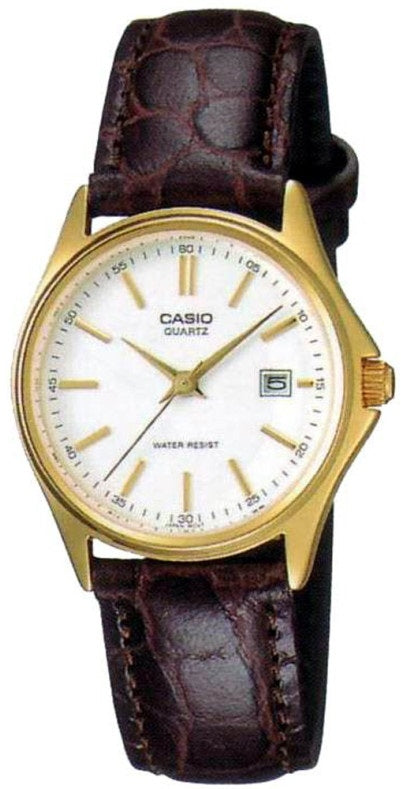 CASIO COLLECTION LADY DATE LEATHER - WHITE, GOLD INDEXES LTP-1183Q-7ADF