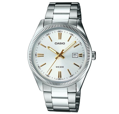 CASIO COLLECTION LADY DATE - ARGENTEE. GOLD INDEXES LTP-1302D-7A2VDF