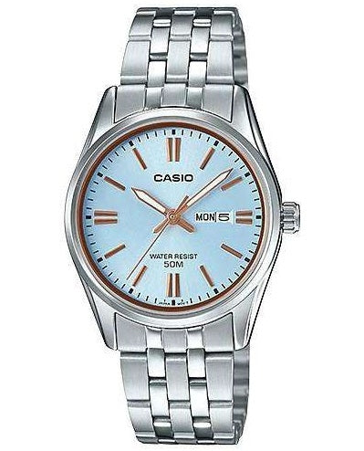 CASIO COLLECTION modelis Feminine DAY & DATE - LIGHT BLUE. BRONZE INDEXES