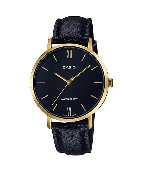 CASIO COLLECTION modelis MINIMAL GOLD, LEATHER - BLACK