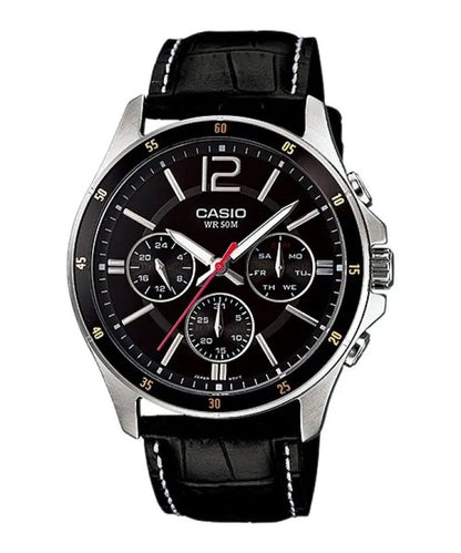 CASIO COLLECTION MULTIFUNCTION CALENDAR, LEATHER - BLACK MTP-1374L-1AVDF