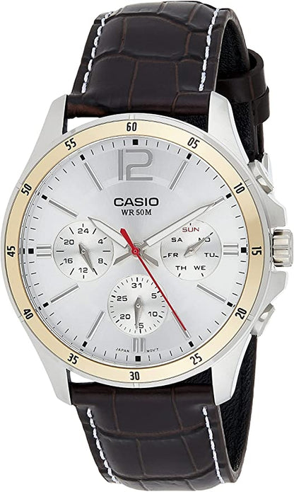 CASIO COLLECTION MULTIFUNCTION CALENDAR, LEATHER - SILVER MTP-1374L-7AVDF