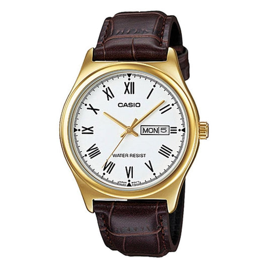 CASIO COLLECTION modelis DAY DATE ROMAN INDEXES, LEATHER - GOLD