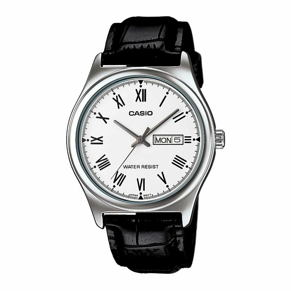 CASIO COLLECTION modelis DAY DATE ROMAN INDEXES, LEATHER - WHITE