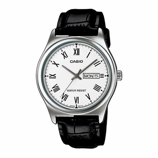 CASIO COLLECTION modelis DAY DATE ROMAN INDEXES, LEATHER - WHITE