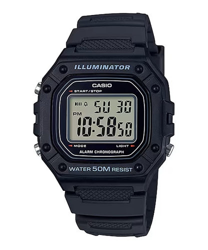 CASIO TIMELESS COLLECTION SPORT ILLUMINATOR WR 50M, БУДИЛЬНИК, ХРОНОГРАФ - ЧЕРНЫЕ W-218H-1AVDF