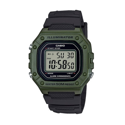 CASIO TIMELESS COLLECTION SPORT ILLUMINATOR WR 50M, ALARM, CHRONOGRAPH - ARMY GREEN W-218H-3AVEF