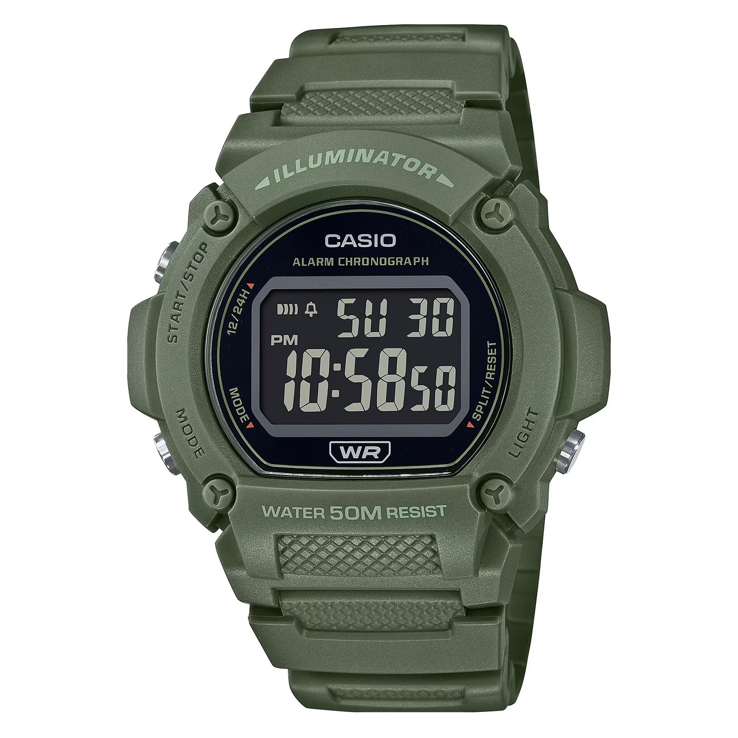 CASIO TIMELESS COLLECTION modelis SPORT- ILLUMINATOR WR 50M, ALARM, CHRONOGRAPH - ARMY GREEN - COLORED SERIE