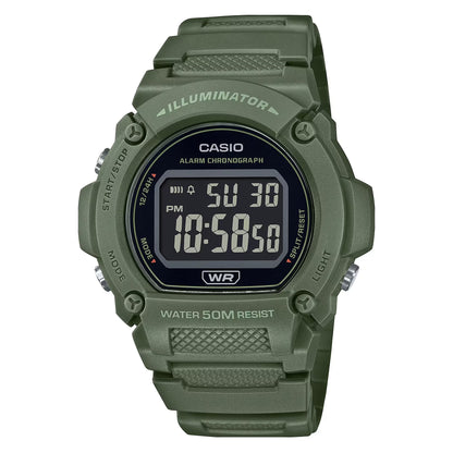 CASIO TIMELESS COLLECTION SPORT- ILLUMINATOR WR 50M, ALARM, CHRONOGRAPH - ARMY GREEN - COLORED SERIE W-219HC-3BVDF