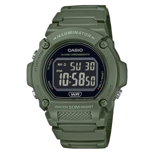CASIO TIMELESS COLLECTION modelis SPORT- ILLUMINATOR WR 50M, ALARM, CHRONOGRAPH - ARMY GREEN - COLORED SERIE