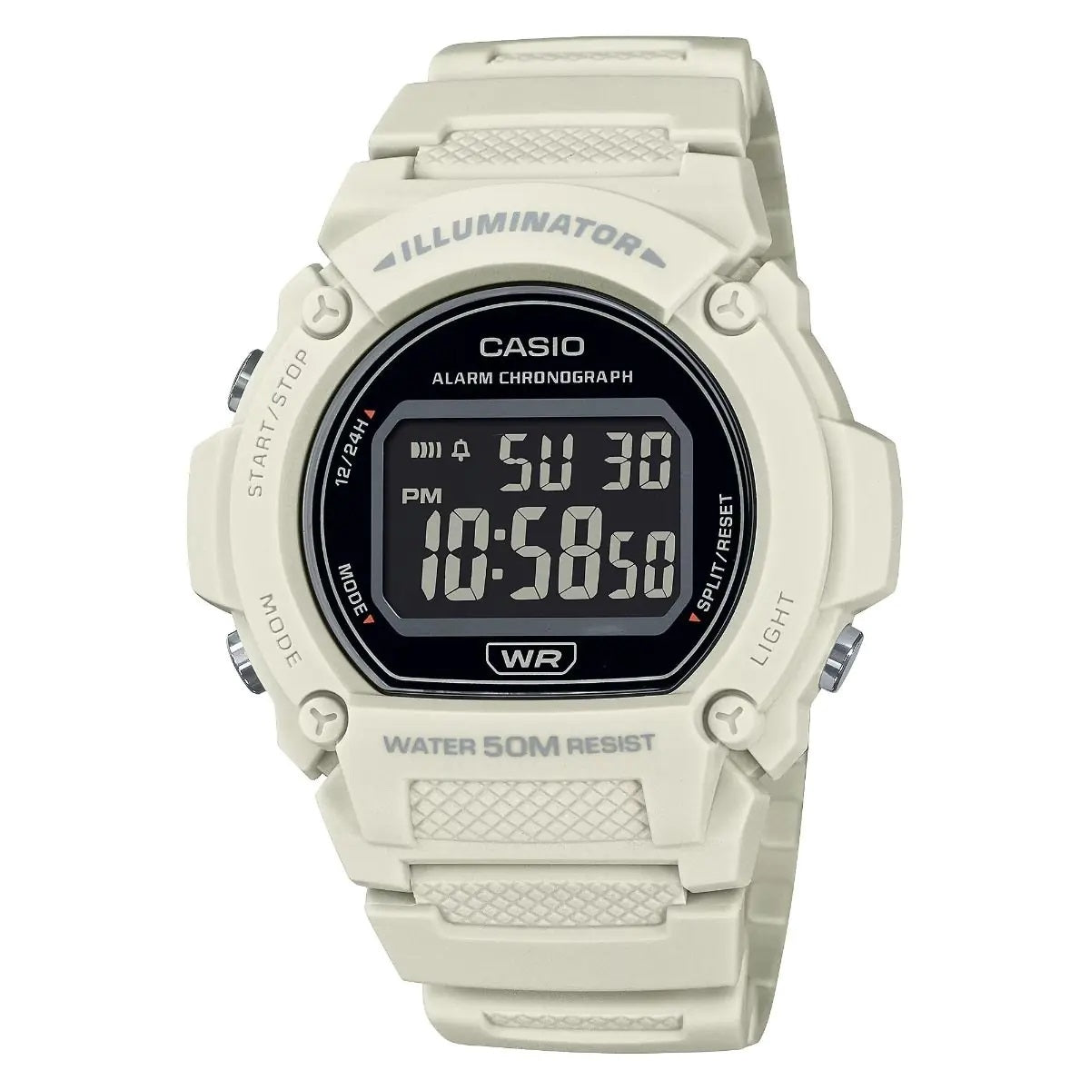 CASIO TIMELESS COLLECTION modelis SPORT- ILLUMINATOR WR 50M, ALARM, CHRONOGRAPH - WHITE - COLORED SERIE